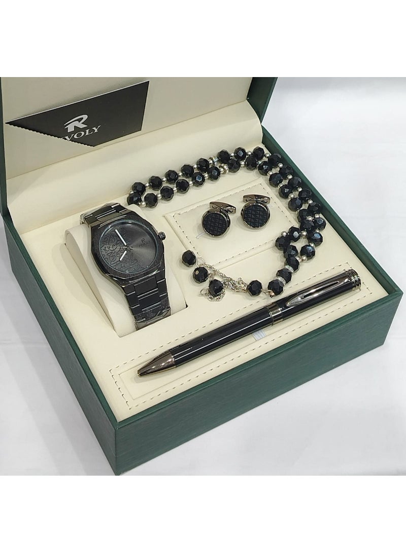 A men's set from the Rivoly brand consisting of a wristwatch decorated with Arabic inscriptions, a pen, a rosary, and a pair of cufflinks in a luxurious gift box.